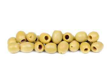 Image showing pile  pitted olives isolated on the white background 