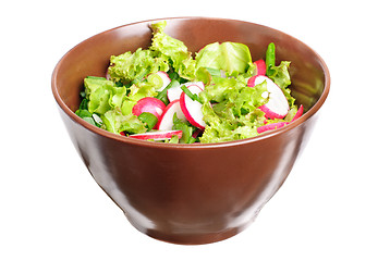 Image showing fresh salad with radishes, lettuce and onions on bowl isolated on white 