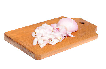 Image showing sliced  onions on cutting board isolated on white 