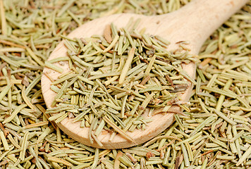 Image showing rosemary in wooden spoon and over as background 