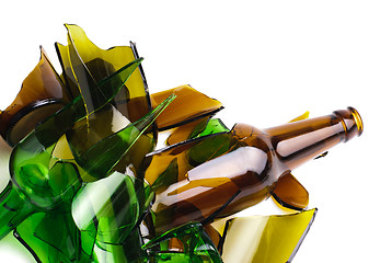 Image showing Waste glass.Recycled.Shattered green and brown bottle 