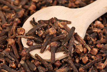 Image showing Cloves  (spice) and  wooden  spoon close-up food background 