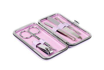 Image showing Pink manicure set, isolated on white backgroun 