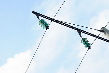 Image showing part of high-voltage substation on the blue sky background 