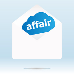 Image showing affair word blue cloud on white mail envelope