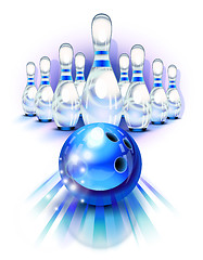 Image showing Blue bowling ball in motion and the pins