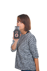 Image showing Lovely teenage girl with retro photo camera