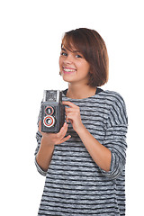 Image showing Lovely teenage girl with retro photo camera