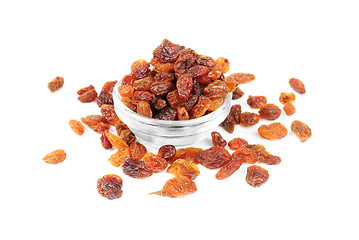 Image showing raisins close- up in glass bowl isolated on white background 