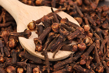 Image showing Cloves (spice) and wooden spoon close-up food background 