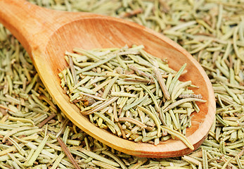 Image showing rosemary in wooden spoon and over as background 