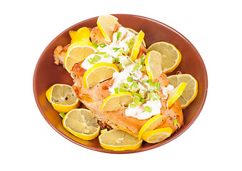 Image showing Grilled chicken breasts on a plate, isolated   on white