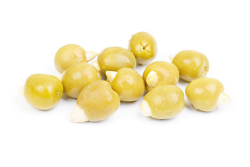 Image showing Green olives stuffed with almonds  isolated on white  background