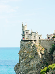 Image showing Swallow's Nest Castle tower, Crimea, Ukraine, with blue sky and sea on background 