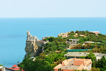 Image showing Swallow's Nest Castle tower, Crimea, Ukraine, with blue sky and sea on background 