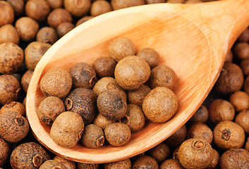 Image showing Background texture of whole allspice(jamaica pepper) with wooden spoon Used as a spice in cuisines all over the world. Also used in medicine.
