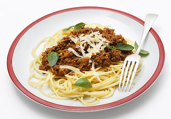 Image showing Spaghetti bolognese side view