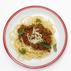 Image showing Spaghetti bolognese from above