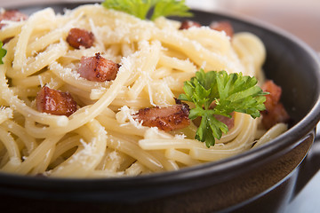 Image showing Pasta Carbonara with bacon and cheese