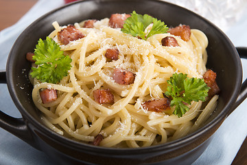 Image showing Pasta Carbonara with bacon and cheese