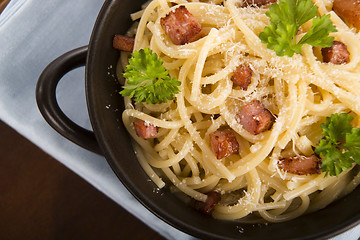 Image showing Pasta Carbonara with bacon and cheese