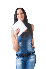 Image showing Young girl posing in studio with tablet pc