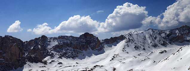 Image showing Panorama of snow mountains in sunny day