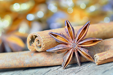 Image showing extremely closeup view of anise star and cinnamon sticks