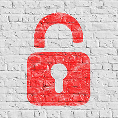 Image showing Red Icon of Opened Padlock on White Brick Wall.