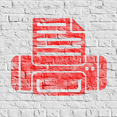 Image showing Red Printer Icon on White Brick Wall.