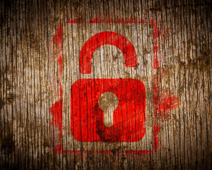 Image showing Red  Icon of Opened Padlock on Wood.