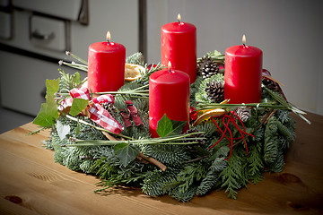 Image showing Advent wreath with burning red candles