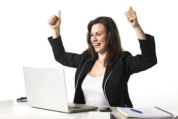 Image showing Happy woman in office with thumbs up