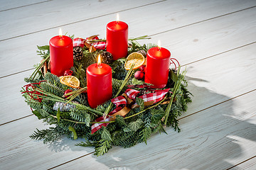 Image showing Advent wreath with burning red candles