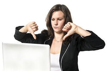 Image showing Woman in office with thumbs down