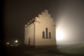 Image showing church annex a foggy night