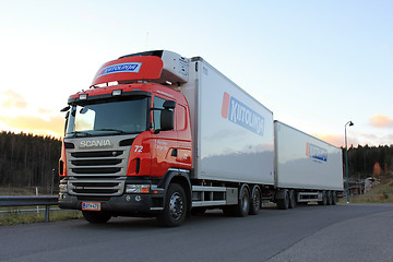 Image showing Red Scania Truck and Trailer at Sunset