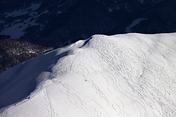 Image showing Top view on off piste slope in evening