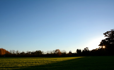 Image showing Silhouetted hedgerow and oast houses at sundown