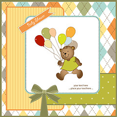 Image showing baby shower card with teddy bear toy