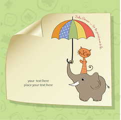 Image showing baby shower card with funny elephant and little cat under umbrel