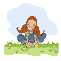 Image showing romantic girl sitting barefoot in the grass