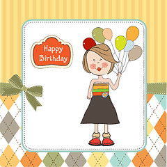 Image showing Funny girl with balloon, birthday greeting card