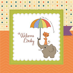 Image showing baby shower card with funny elephant and little cat under umbrel