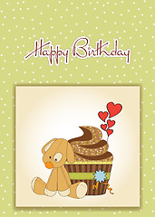 Image showing birthday greeting card with cupcake and puppy toy