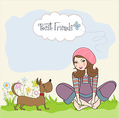 Image showing romantic girl sitting barefoot in the grass with her cute dog