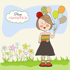 Image showing Funny girl with balloon, birthday greeting card