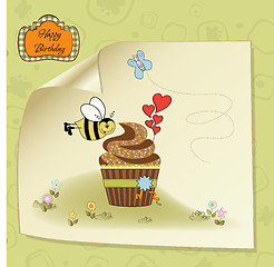 Image showing birthday greeting card with cupcake and funny bee