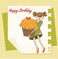 Image showing Happy Birthday card with girl and cup cake