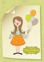 Image showing Funny girl with balloon, birthday greeting card